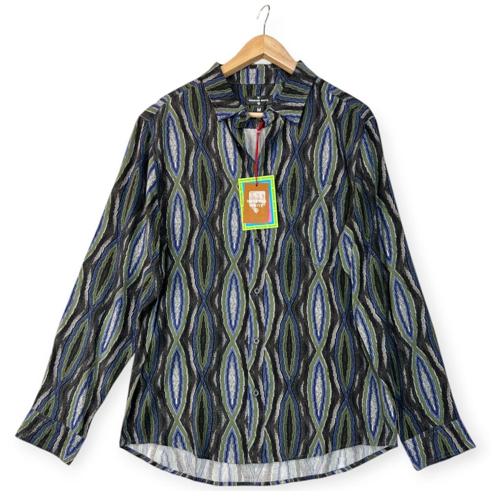 W HOUSTON WHITE Shirt Mens Med Tab Collar Rayon Long Sleeve Groovy Retro NEW